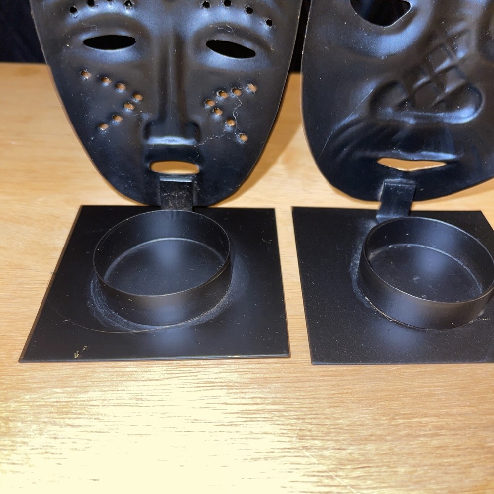 Vintage Theatre Mask Painted Black Metal Candle Holders Home Decor Tea light - Picture 11 of 12